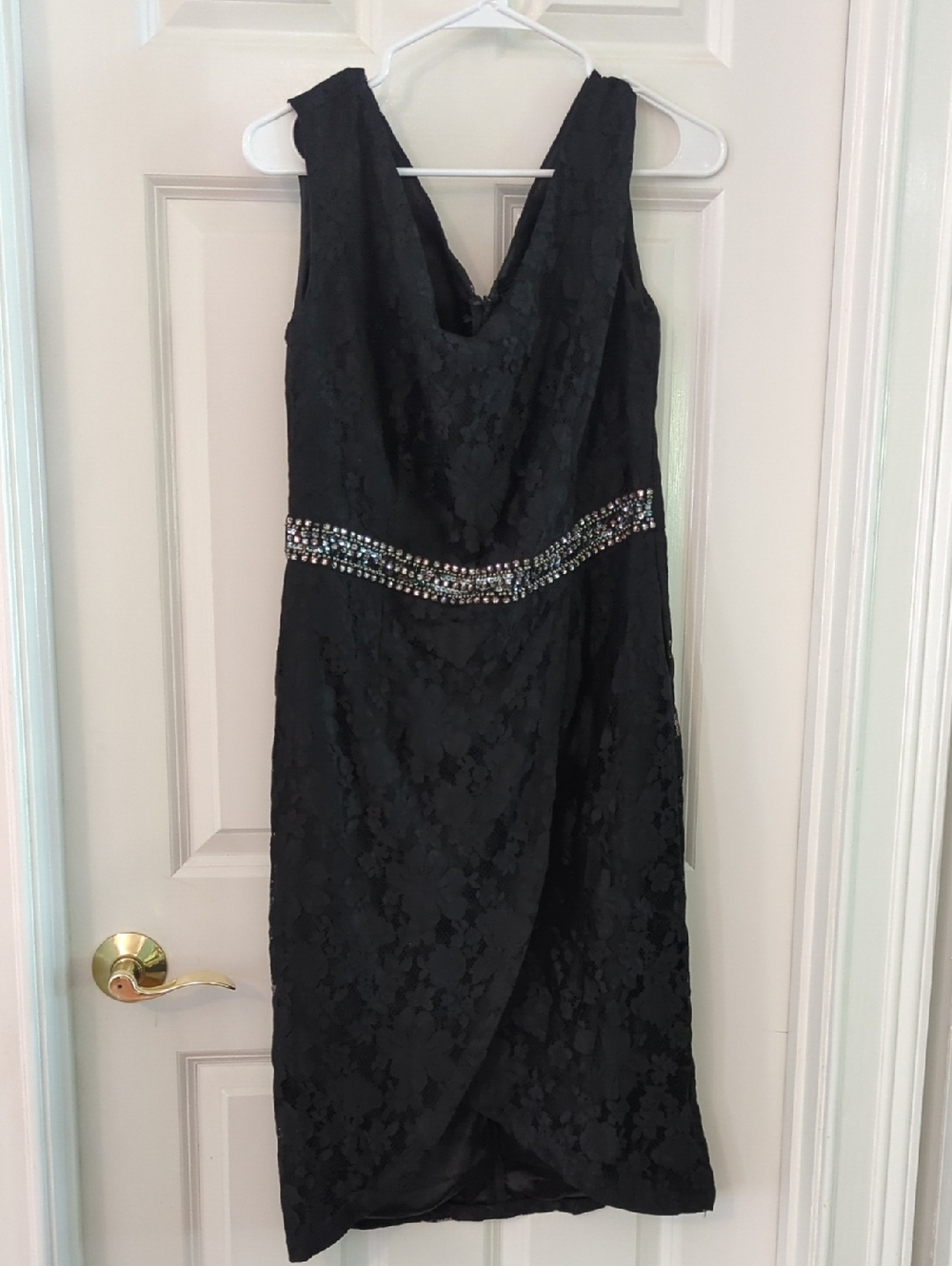 London Fog Black Lace Midi Dress with Beaded Waist
